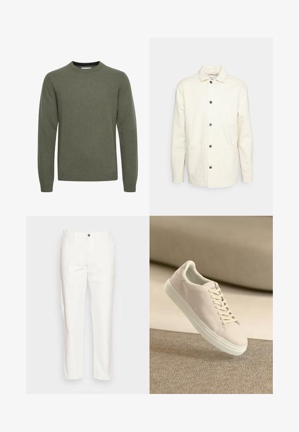 KnowledgeCotton Apparel Let jakke / Sommerjakker - raw cotton; Langærmet olivengrøn striktrøje med ribbet rund halsudskæring, ærmegab og kant vist på hvid baggrund.; Hvide bomuldsbukser med lige ben, forlommer, enkelt knaplukning og en blød tekstur.; Beige ruskinds sneakers med hvid sål og snørebånd, vist svævende over tekstureret beige tæppe mod en blød beige baggrund.