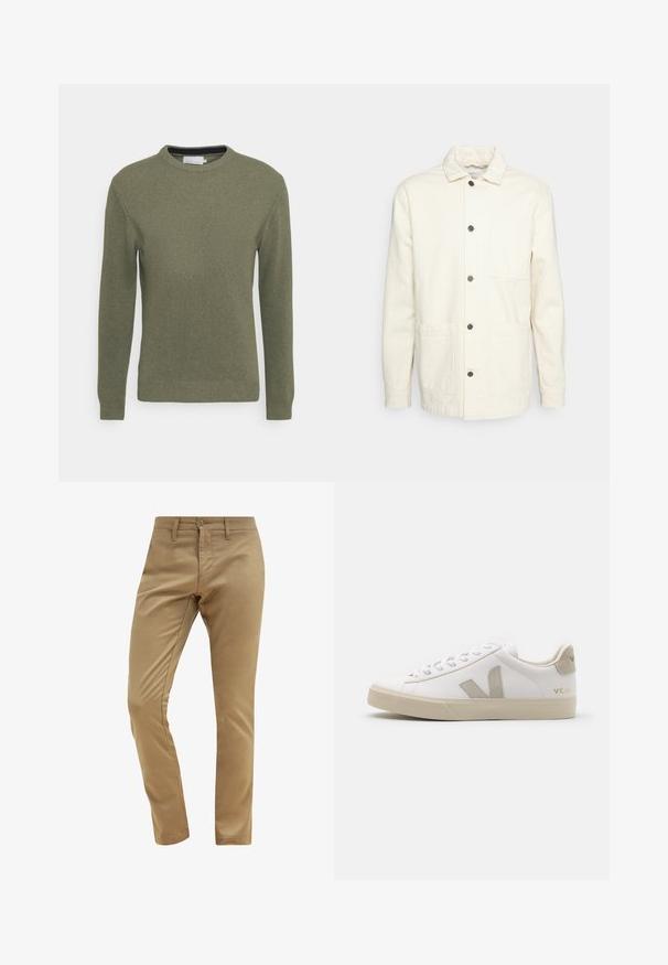KnowledgeCotton Apparel Leichte Jacke - raw cotton; Grüner Rundhalsausschnitt-Pullover aus strukturiertem Strickmaterial. Verfügt über lange Ärmel sowie gerippte Bündchen und Saum. Schlichtes, ungeschmücktes Design.; Beige Chinos mit glatter Textur, schmaler Passform, Knopfverschluss und Gürtelschlaufen, ausgestattet mit einem standardmäßigen Design für Fronttaschen.; Weiße Ledersneaker mit beigen Akzenten, flacher Gummisohle, runder Zehenpartie und kontrastierendem Logo an der Seite und Rückseite. Mit Schnürdesign.