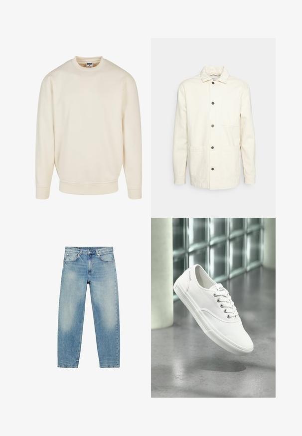 KnowledgeCotton Apparel Veste légère - raw cotton; Sweatshirt couleur crème avec un col et des poignets côtelés. Présente une coupe décontractée, une texture douce et aucun motif ou graphique visible.; Jean droit en denim bleu avec poches avant et passants de ceinture, présentant des détails légèrement décolorés sur les cuisses et les genoux.; Baskets basses blanches en toile avec lacets, étiquetées Tommy Hilfiger, montrées flottant au-dessus d’un sol gris lisse près d’un mur en briques de verre.