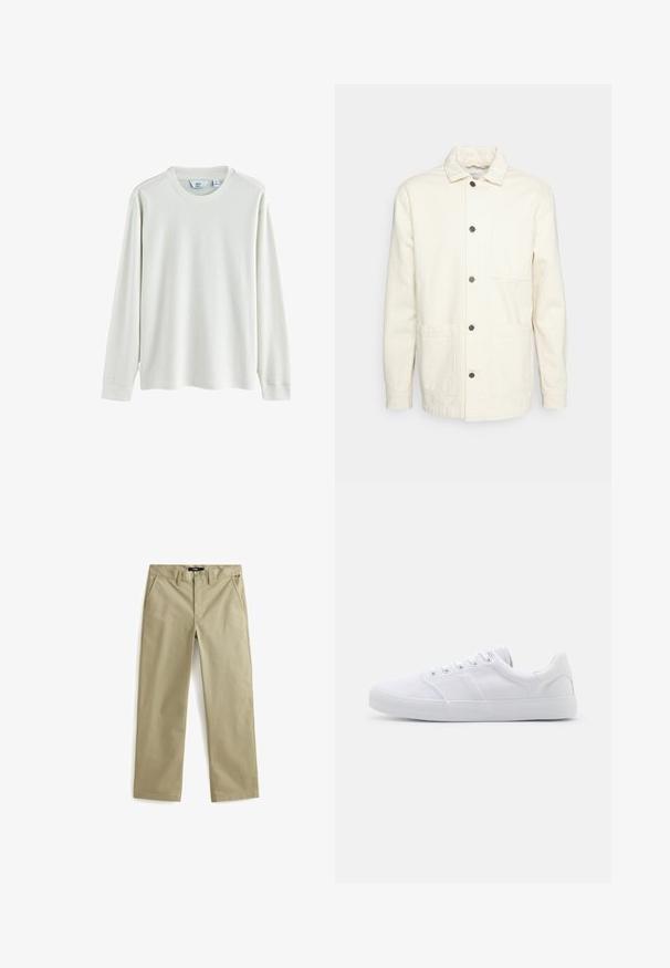 KnowledgeCotton Apparel Veste légère - raw cotton; Chemise à manches longues de couleur vert clair, en tissu texturé, avec un col rond et des poignets côtelés. Étiquette de la marque visible à l'intérieur.; Chinos en coton beige avec une coupe droite, dotés de deux poches avant et d'une fermeture à bouton classique. Texture lisse, accents minimalistes.; Baskets en toile blanches avec une semelle en caoutchouc, dotées de six œillets, d'un embout texturé et d'un design minimaliste.