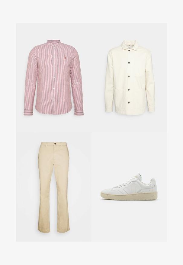 KnowledgeCotton Apparel Veste légère - raw cotton; Chemise à manches longues rayée rouge et blanche avec col mandarin, fermeture par boutons et petit logo sur la poitrine. Tissu en coton.; Pantalons évasés beige en coton, dotés d'une fermeture à bouton à l'avant, de passants de ceinture et d'une texture lisse. Coupe cintrée avec des jambes droites.; Baskets en cuir blanc avec une finition texturée et un col rembourré. Elles sont dotées d'une semelle en caoutchouc beige et d'une discrète branding sur le talon et le côté.