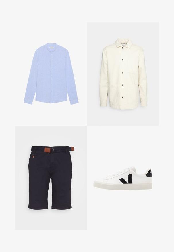 KnowledgeCotton Apparel Veste légère - raw cotton; Chemise à manches longues bleu clair avec col montant, bouton sur le devant, et tissu texturé. Présente des boutons bleu clair et un ourlet droit.; Shorts bleu marine arrivant au genou avec une ceinture tressée dotée d'accents en cuir brun et d'une petite poche boutonnée sur le côté droit.; Sneaker blanche en cuir avec des accents en daim noir ; dispose d'une semelle en caoutchouc, d'un bout rond et d'un design classique à lacets. Logo latéral en noir.