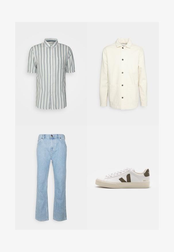 KnowledgeCotton Apparel Veste légère - raw cotton; Chemise à manches courtes à boutons, rayures verticales bleu clair et blanches, en coton, poche poitrine unique, col classique et ourlet arrondi.; Jean en denim bleu clair avec une coupe droite, conception à cinq poches et fermeture à bouton à la taille. Présente des détails cousus.; Baskets en cuir blanc avec une semelle en caoutchouc beige clair. Présentent un logo en V en daim marron et une languette de talon. Fermeture à lacets avec une surface texturée.