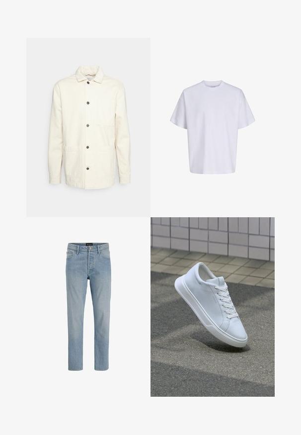 KnowledgeCotton Apparel Leichte Jacke - raw cotton; Schlichtes weißes oversized T-Shirt mit kurzen Ärmeln, Rundhalsausschnitt und lockerem Sitz vor weißem Hintergrund.; Hellblaue Denim-Jeans mit geradem Schnitt, fünf Taschen, Knopfverschluss und einem leicht ausgewaschenen Finish.; Weißer Low-Top-Sneaker mit Schnürsenkeln, der über strukturiertem Asphalt und beigem Fliesenbelag im Hintergrund schwebt.