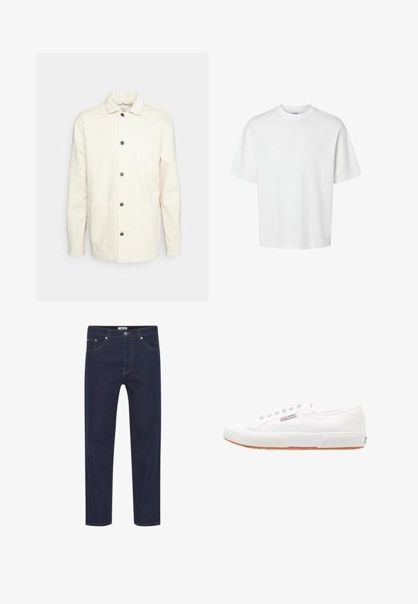 KnowledgeCotton Apparel Letná bunda - raw cotton; Jednoduché biele tričko s krátkym rukávom, okrúhlym výstrihom a voľným strihom zobrazené na bielom pozadí.; Tmavomodré džínsy s rovný strihom, so svetlým šitím, piatimi vreckami a gombíkovým zapínaním v pase. Hladká textúra.; Biele plátnené tenisky s gumovou podrážkou, s šnurovacím dizajnom a malou logo nálepkou na boku. Štruktúrovaný biely zvršok a hnedá podrážka.