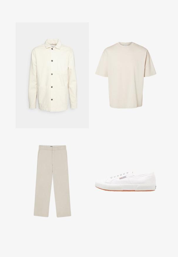 KnowledgeCotton Apparel Let jakke / Sommerjakker - raw cotton; Simpel beige kortærmet oversize bomuld t-shirt med rund halsudskæring, vist fladt på hvid baggrund.; Beige brede bukser med en glat tekstur, der har bæltestropper, to frontlommer og en lynlåslukning. Minimalistisk design.; Hvide kanvas sneakers med gummisål, snørebåndsdesign og et lille logo mærke på siden. Tekstureret hvid overdel og brun ydersål.