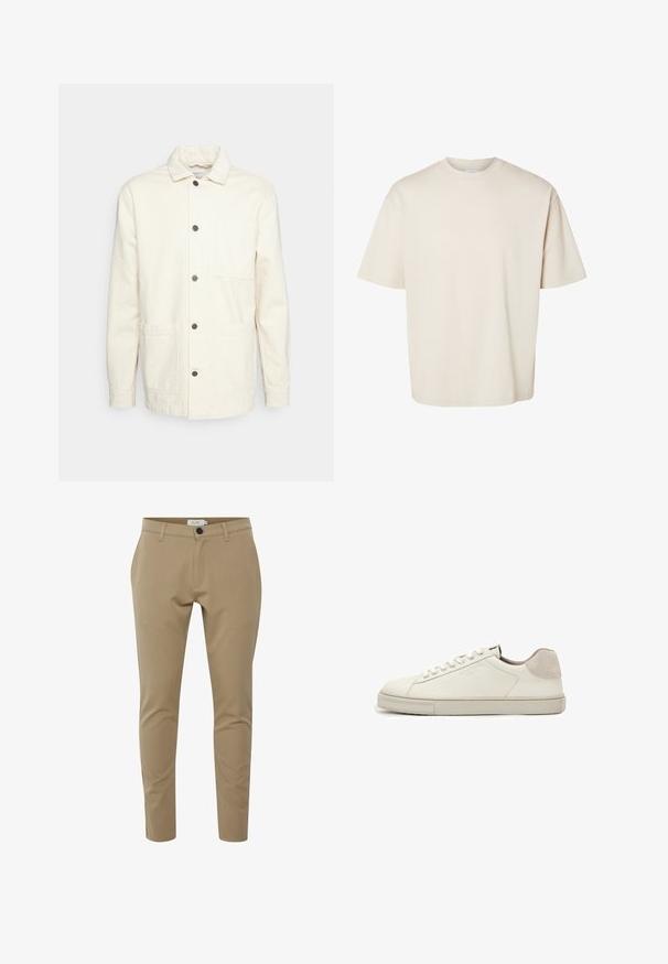 KnowledgeCotton Apparel Veste légère - raw cotton; T-shirt en coton beige uni, manches courtes, oversize, col rond, présenté à plat sur fond blanc.; Pantalons beige ajustés avec une coupe slim, présentant une fermeture éclair, des poches avant et une fermeture à un bouton. Texture du tissu lisse.; Baskets basses en cuir blanc avec lacets blancs, semelle légèrement texturée et patch en daim gris clair au talon, vue latérale.