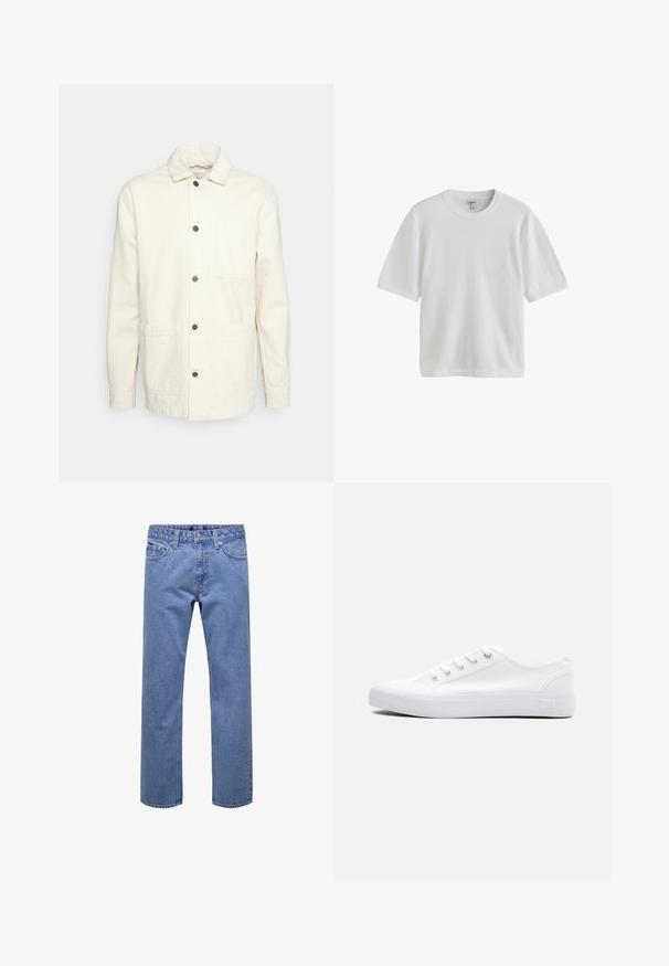 KnowledgeCotton Apparel Let jakke / Sommerjakker - raw cotton; Hvid kortærmet T-shirt med rund halsudskæring, vist mod en hvid baggrund.; Blå denimjeans med lige ben, forrest med knap og lynlås, bæltestropper samt lommer foran og bagpå.; Lavtop hvid lærredsneaker med hvide snørebånd, gummisål og metaløjer, vist fra ydersiden på en ensfarvet baggrund.