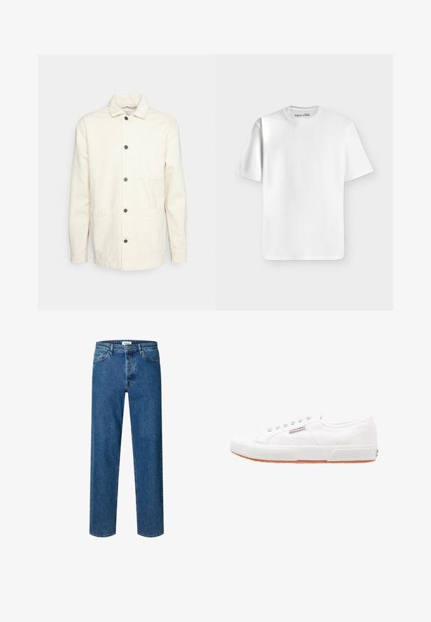 KnowledgeCotton Apparel Chaqueta fina - raw cotton; Camiseta blanca lisa de manga corta y cuello redondo, colocada extendida sobre un fondo gris claro con una pequeña etiqueta de marca dentro del cuello.; Vaqueros azul de corte recto con cierre de botón y cremallera, trabillas para el cinturón y diseño de cinco bolsillos.; Zapatillas de lona blancas con suela de goma, diseño de cordones y una pequeña etiqueta con el logo en el lateral. Parte superior texturizada blanca y suela marrón.