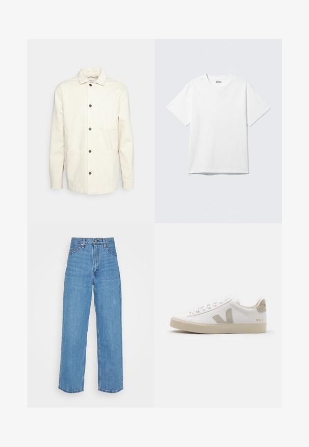 KnowledgeCotton Apparel Leichte Jacke - raw cotton; Weißes T-Shirt mit kurzen Ärmeln und Rundhalsausschnitt, flach liegend, schlichtes Design, mit „WEEKDAY“-Etikett innen im Kragen auf hellem Hintergrund.; Helle blaue Jeans mit hoher Taille und weitem Bein. Zu den Merkmalen gehören fünf Taschen, ein Metallknopfverschluss und ein gerader Saum.; Weiße Ledersneaker mit beigen Akzenten, flacher Gummisohle, runder Zehenpartie und kontrastierendem Logo an der Seite und Rückseite. Mit Schnürdesign.