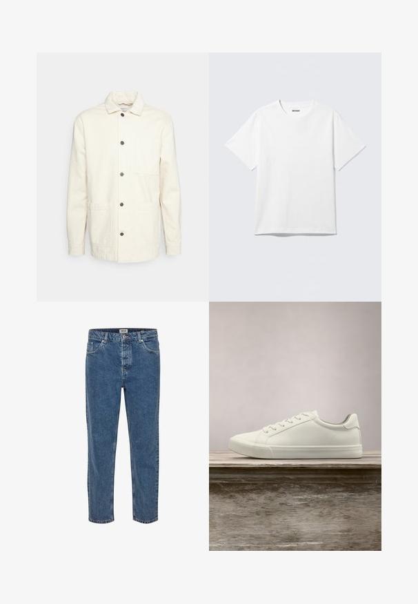 KnowledgeCotton Apparel Veste légère - raw cotton; T-shirt blanc à manches courtes et col rond, étalé à plat, design uni, avec l'étiquette "WEEKDAY" à l'intérieur du col sur un fond clair.; Jeans en denim bleu à coupe droite. Présente cinq poches, une fermeture à bouton et des coutures contrastées. Le tissu a une texture classique.; Sneaker en dentelle blanche flottant au-dessus d'un banc en bois avec un feuillage vert en arrière-plan, mettant en valeur le design et la texture de la chaussure.