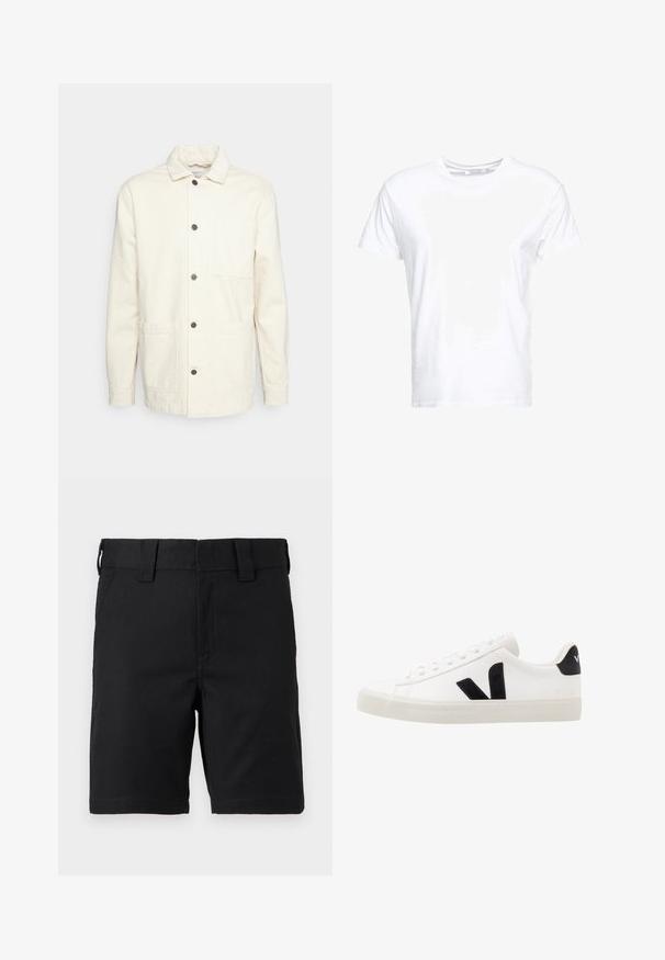 KnowledgeCotton Apparel Leichte Jacke - raw cotton; Weißes Baumwoll-T-Shirt mit rundem Ausschnitt und kurzen Ärmeln, im klassischen Schnitt und mit glatter Textur. Keine sichtbaren Muster oder Hardware.; Schwarze knielange Shorts mit Gürtelschlaufen und Fronttaschen, aus robustem Stoff, auf weißem Hintergrund dargestellt.; Weiße Leder-Sneaker mit schwarzen Wildlederelementen; verfügen über eine Gummisohle, eine runde Spitze und ein klassisches Schnürdesign. Seitliches Logo in Schwarz.
