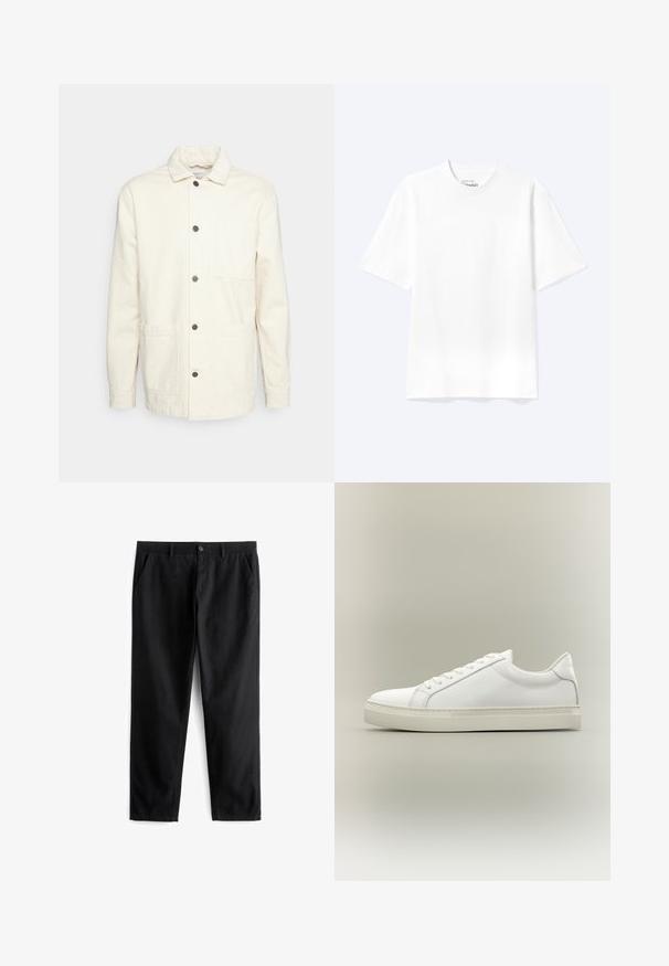 KnowledgeCotton Apparel Suvejakk - raw cotton; Lihtne valge lühikeste varrukatega ümara kaelusega T-särk, mis on lõdva lõikega, kuvatud heledal taustal.; Mustast riidest püksid, mis on valmistatud vastupidavast kangast, kahte esipocketit, nööp sulgemisega, lame esikülg ja sirge jala lõige.; Valge madala säärega toss, ees paeladega ja paksu taldosa, külje pealt neutraalsel taustal.