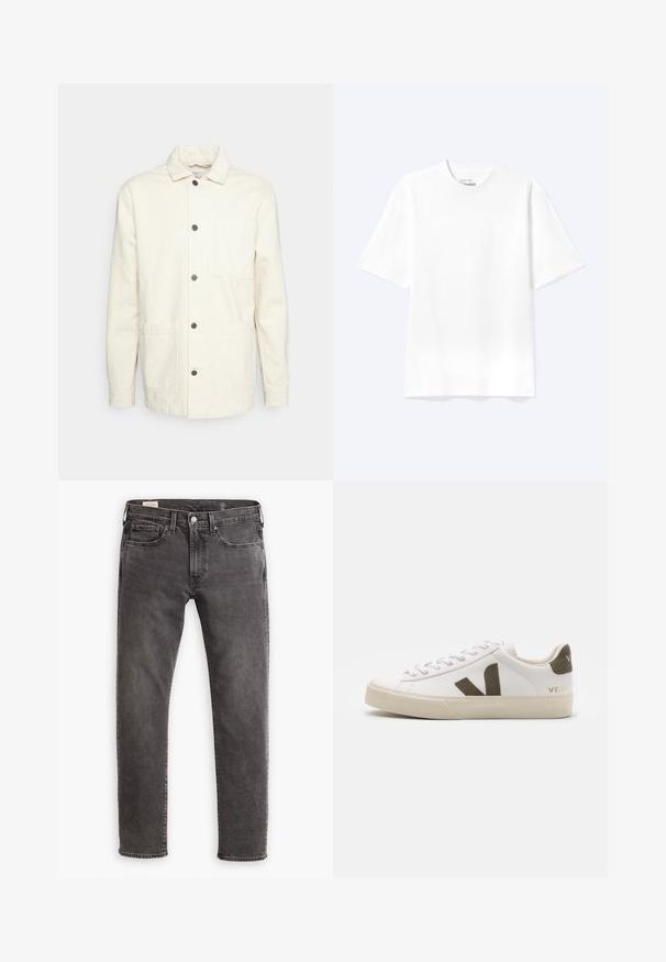 KnowledgeCotton Apparel Let jakke / Sommerjakker - raw cotton; Enkel hvid T-shirt med korte ærmer og rund hals med afslappet pasform, vist på en lys baggrund.; Grå denimjeans med lige pasform, fem-lomme design og knaplukning. Har subtil falmning og tonalt syning over hele. ; Hvide læder sneakers med en lys beige gummisål. Har en brun ruskinds V-logo og hælflap. Snørret lukning med en struktureret overflade.