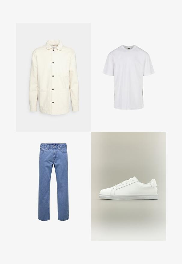 KnowledgeCotton Apparel Veste légère - raw cotton; T-shirt blanc uni à manches courtes avec col rond et coupe décontractée, présenté sur fond blanc.; Jean droit en denim bleu avec bouton et fermeture éclair à l'avant, passants pour ceinture, et poches avant et arrière.; Baskets blanches basses à lacets sur l'avant avec semelle en caoutchouc texturée, sur fond neutre uni.