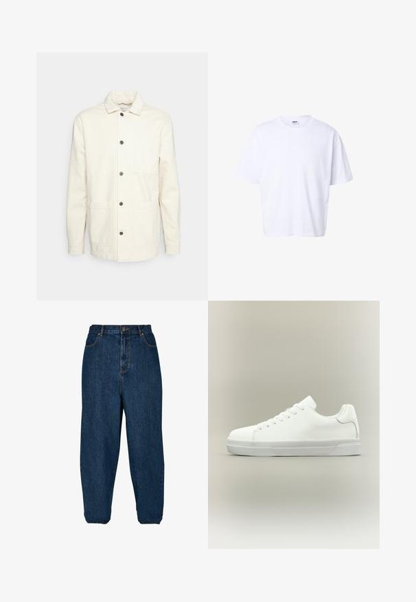 KnowledgeCotton Apparel Let jakke / Sommerjakker - raw cotton; Hvidt bomulds-T-shirt med korte ærmer, rund hals, løs pasform og Urban Classic-mærke inde i kraven.; Mørkeblå denimjeans med en afslappet pasform, høj talje og elastiske manchetter. Har en lukning med knap fortil og fem lommer.; Hvid lavtop sneaker med snørelukning foran, polstret krave og tekstureret gummisål, vist i sidelayout på neutral baggrund.