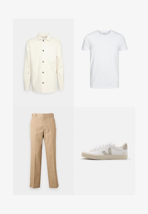 KnowledgeCotton Apparel Letná bunda - raw cotton; Tričko s okrúhlym výstrihom a krátkym rukávom v čistej bielej farbe, vyrobené z jemnej bavlny, má jednoduchý dizajn bez viditeľných vzorov alebo akcentov.; Béžové nohavice so vzorom rovnej nohy, s pútkami na opasok, predným zipsom a nažehlovanými záhybmi, zobrazené na jednoduchom bielom pozadí.; Biele kožené tenisky s béžovými akcentmi, plochá gumová podrážka, okrúly špička a kontrastné logo na boku a zadnej časti. S viazaním.