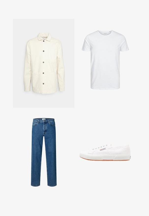 KnowledgeCotton Apparel Let jakke / Sommerjakker - raw cotton; Rundhals kortærmet t-shirt i ensfarvet hvid, lavet af blød bomuld, har et simpelt design uden synlige mønstre eller detaljer.; Blå straight-leg denim jeans med knap- og lynlåslukning, bæltestropper og fem-lomme-design.; Hvide kanvas sneakers med gummisål, snørebåndsdesign og et lille logo mærke på siden. Tekstureret hvid overdel og brun ydersål.