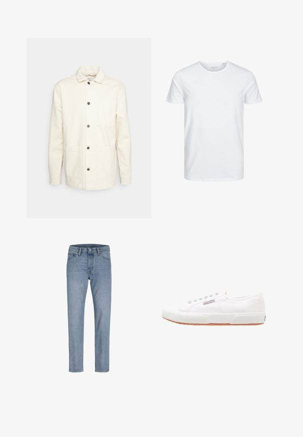 KnowledgeCotton Apparel Let jakke / Sommerjakker - raw cotton; Rundhals kortærmet t-shirt i ensfarvet hvid, lavet af blød bomuld, har et simpelt design uden synlige mønstre eller detaljer.; Lysblå denimbukser med lige ben, fem lomme-design, syninger og knaplukning i taljen.; Hvide kanvas sneakers med gummisål, snørebåndsdesign og et lille logo mærke på siden. Tekstureret hvid overdel og brun ydersål.