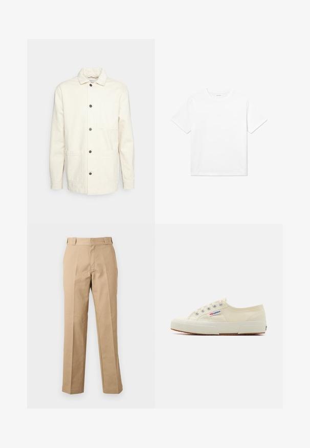 KnowledgeCotton Apparel Let jakke / Sommerjakker - raw cotton; Hvid bomulds T-shirt med korte ærmer, rund halsudskæring og lige kant. Glat tekstur uden synlige mønstre eller accenter.; Beige bukser med lige ben, bæltestropper, foran lynlås og pressede slidser, vist mod en hvid baggrund.; Beige lærredssneaker med et lavprofildesign, metaløjet og gummisål. Har et tekstureret mønster og logodetalje på siden.
