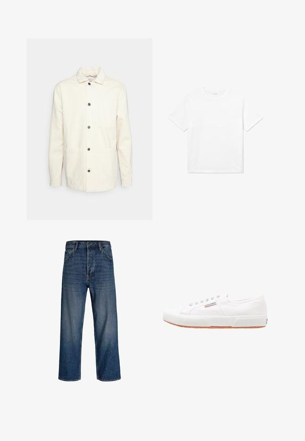 KnowledgeCotton Apparel Leichte Jacke - raw cotton; Weißes Baumwoll-T-Shirt mit kurzen Ärmeln, rundem Halsausschnitt und geradem Saum. Glatte Textur ohne sichtbare Muster oder Akzente.; Jeans aus Denim mit geradem Bein, dunkelblauer Farbe und subtilen Verblassungen. Verfügt über fünf Taschen und einen Knopfverschluss.; Weiße Leinensneaker mit Gummisohle, Schnürdesign und einem kleinen Logolabel an der Seite. Strukturierte weiße Oberseite und braune Außensohle.