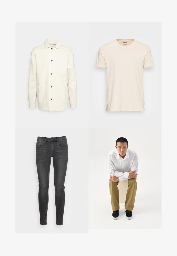 KnowledgeCotton Apparel Letná bunda - raw cotton; Svetlobéžové bavlnené tričko s klasickým okrúhlym výstrihom a krátkymi rukávmi. Má jemnú štruktúru a štandardný strih.; Úzke čierne džínsy s hladkou textúrou, ktoré majú klasický dizajn s piatimi vreckami a jemným vyblednutím v prednej časti.; Mladý muž v bielom pruhovanom tričku a khaki nohaviciach sedí naklonený dopredu na stoličke s prekríženými rukami, pozerá priamo pred seba na bielom pozadí.