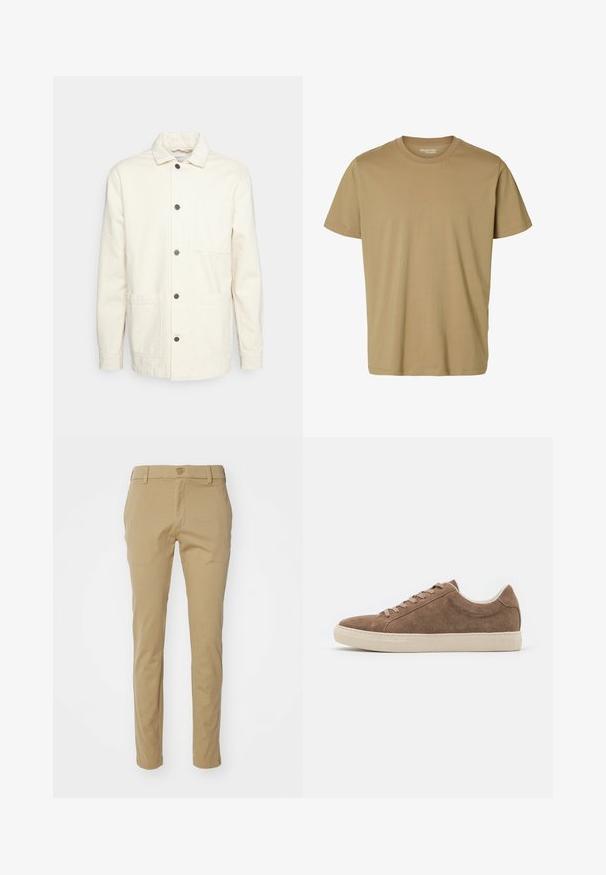 KnowledgeCotton Apparel Veste légère - raw cotton; T-shirt beige uni à manches courtes et col rond, sans motifs ni logos visibles, présenté sur fond blanc.; Pantalons kaki en coton léger, avec une coupe ajustée, une texture lisse et une taille standard avec une fermeture à bouton supérieur.; Baskets décontractées en daim marron avec une silhouette basse, semelle en caoutchouc beige et six trous de lacet. Bout rond et design minimaliste.