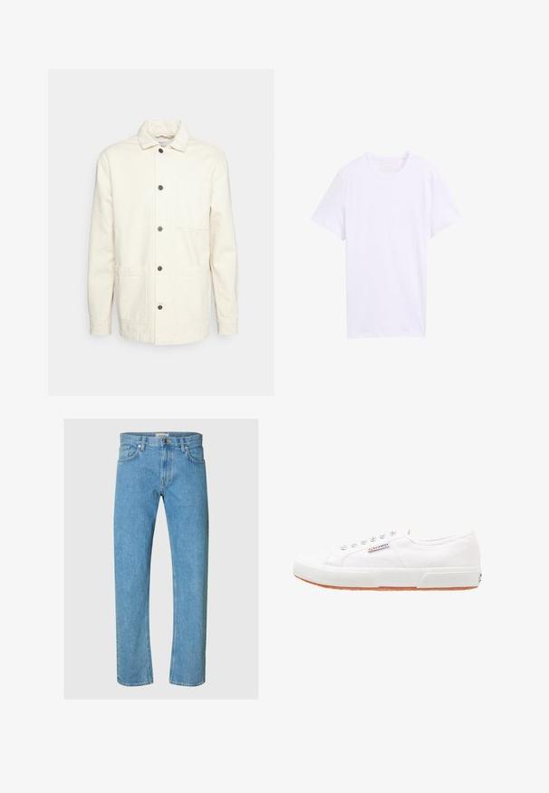 KnowledgeCotton Apparel Leichte Jacke - raw cotton; Schlichtes weißes T-Shirt aus Baumwolle, kurzärmelig mit Rundhalsausschnitt, Größe L, flach auf weißem Hintergrund präsentiert.; Hellblaue Jeans aus Denim verfügen über ein gerades Bein-Design, einen Five-Pocket-Stil und einen Reißverschluss mit Metallknopfverschluss.; Weiße Leinensneaker mit Gummisohle, Schnürdesign und einem kleinen Logolabel an der Seite. Strukturierte weiße Oberseite und braune Außensohle.