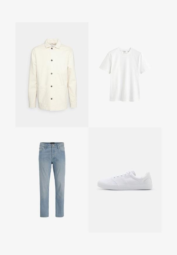 KnowledgeCotton Apparel Leichte Jacke - raw cotton; Weißes Baumwoll-T-Shirt mit Rundhalsausschnitt, kurzen Ärmeln und lässiger Passform. Glatte Textur und keine sichtbaren Muster oder Akzente.; Hellblaue Denim-Jeans mit geradem Schnitt, fünf Taschen, Knopfverschluss und einem leicht ausgewaschenen Finish.; Weiße Leinenschuhe mit Gummisohle, ausgestattet mit sechs Ösen, einer strukturierten Zehenkappe und minimalistischer Gestaltung.