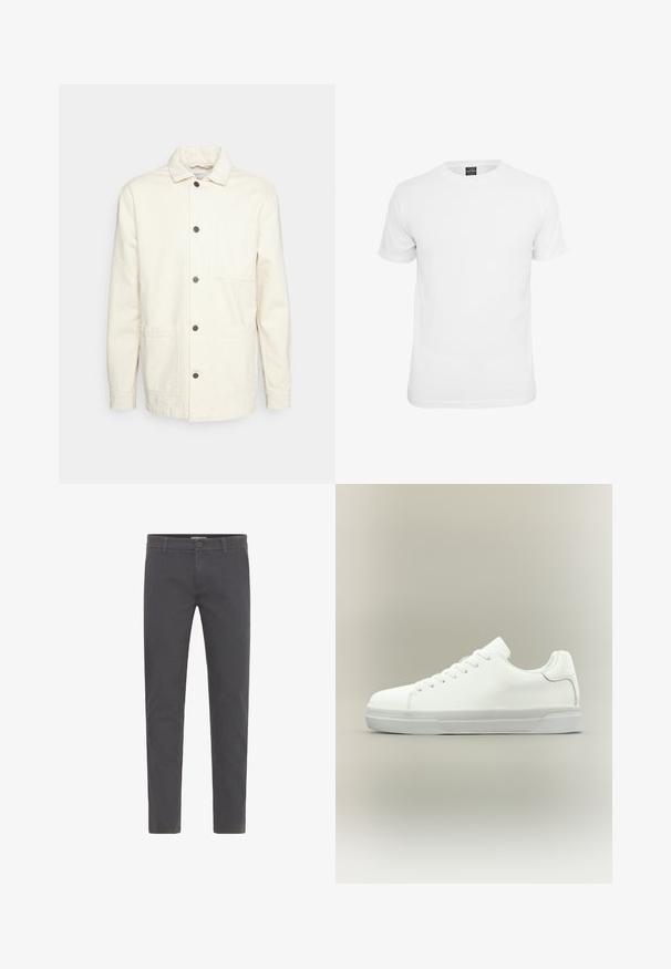 KnowledgeCotton Apparel Chaqueta fina - raw cotton; Camiseta blanca de manga corta, fabricada en algodón, con un cuello redondo y una textura suave, diseñada para el uso casual.; Pantalones grises de corte ajustado, elaborados en suave algodón. Presentan un cierre con botón, presillas para cinturón y un diseño limpio y aerodinámico. Sin patrones visibles.; Zapatilla blanca de corte bajo con cierre de cordones, cuello acolchado y suela de goma texturizada, mostrada de perfil sobre un fondo neutro.