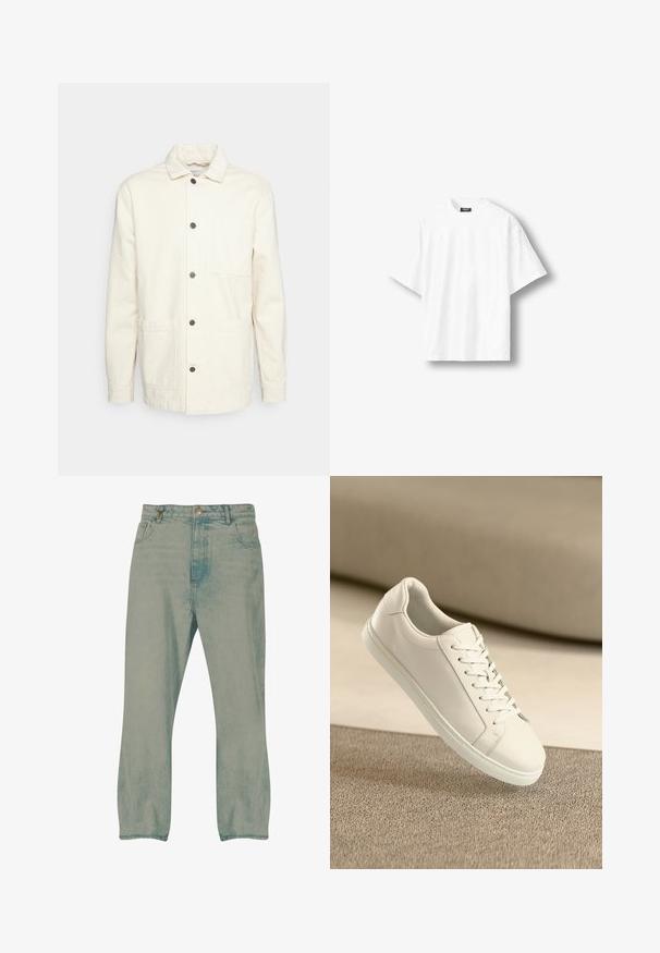 KnowledgeCotton Apparel Veste légère - raw cotton; T-shirt blanc uni à manches courtes, coupe ample, col rond et étiquette noire à l'intérieur du col arrière, présenté sur un fond clair.; Jean droit bleu clair avec bouton à l'avant, passants pour ceinture et poches avant, présenté sur un fond blanc.; Baskets en cuir blanc avec des lacets blancs, exposées sur une surface beige texturée et avec un arrière-plan flou doux.