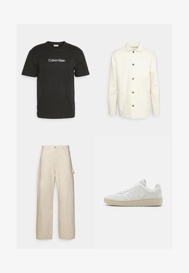 KnowledgeCotton Apparel Suvejakk - raw cotton; Must heermees mustsärk, millel on ümar kaelus ja lühikesed varrukad, esipoolt kaunistab valge "Calvin Klein" logo.; Kreemjad laiade jalgadega püksid, mis on valmistatud puuvillase segakanga. Omavad nööbiga kinnitust, vöölukke ja külgtaskuid. Sile tekstuur.; Valged nahast spordijalatsid tekstuurse viimistlusega ja pehmendatud kaelusega. Omab beeži kummist tallat ja diskreetset brändingut kandade ja külgede peal.