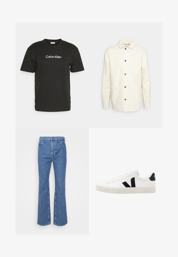 KnowledgeCotton Apparel Leichte Jacke - raw cotton; Schwarzes Baumwoll-T-Shirt mit Rundhalsausschnitt und kurzen Ärmeln, auf der Vorderseite mit dem weißen "Calvin Klein"-Logo bedruckt.; Blaue Jeans mit weitem Bein und hoher Taille, ausgestattet mit Gürtelschlaufen, Fronttaschen und einem klassischen Knopfverschluss. Glatte Textur, gerade Nähte.; Weiße Leder-Sneaker mit schwarzen Wildlederelementen; verfügen über eine Gummisohle, eine runde Spitze und ein klassisches Schnürdesign. Seitliches Logo in Schwarz.