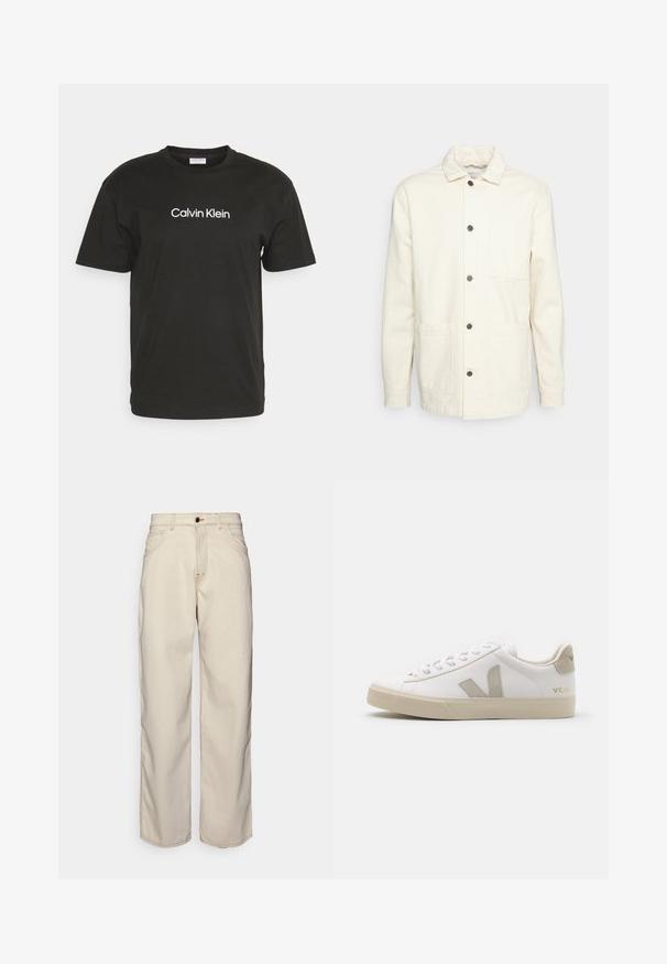 KnowledgeCotton Apparel Letná bunda - raw cotton; Čierne bavlnené tričko s kruhovým výstrihom a krátkymi rukávmi, s logom "Calvin Klein" vytlačeným bielou farbou na prednej strane.; Fiorucci CARPENTER - Džínsy s rovným strihom - white; Biele kožené tenisky s béžovými akcentmi, plochá gumová podrážka, okrúly špička a kontrastné logo na boku a zadnej časti. S viazaním.