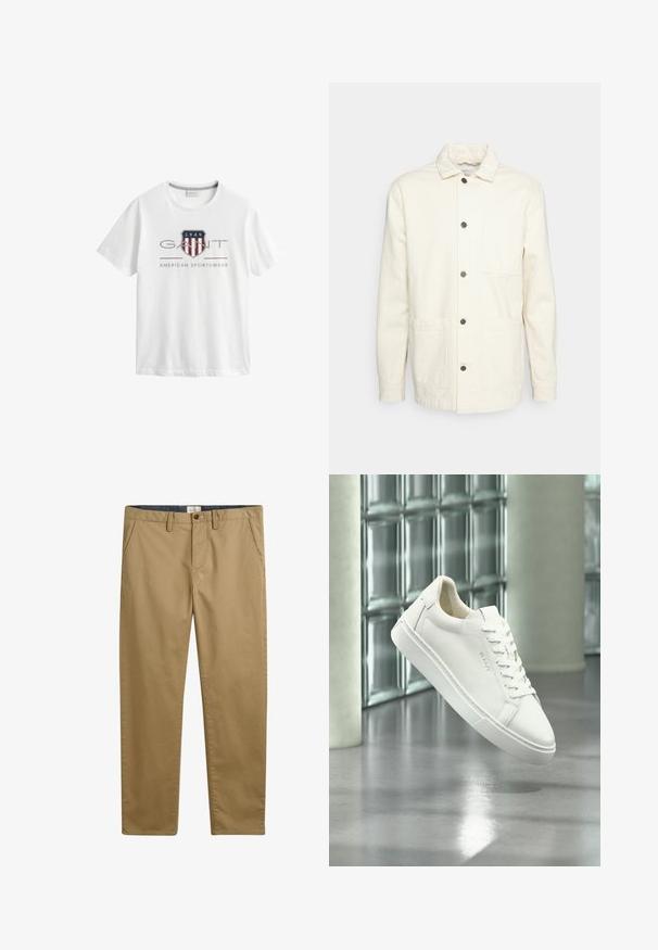 KnowledgeCotton Apparel Veste légère - raw cotton; T-shirt blanc à manches courtes avec col rond, avec un logo GANT, un écusson avec "1949," et le texte "American Sportswear" sur le devant.; Pantalon en coton kaki à coupe droite, doté de poches latérales, d'une fermeture à bouton et d'un tissu texturé.; Baskets basses blanches à lacets flottant au-dessus d'un sol en béton réfléchissant, devant un mur en blocs de verre.
