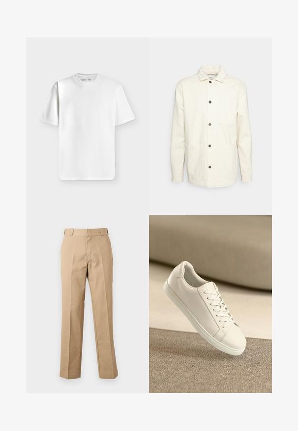 KnowledgeCotton Apparel Veste légère - raw cotton; T-shirt blanc uni à manches courtes et col rond, posé à plat sur un fond gris clair avec une petite étiquette de marque à l’intérieur du col.; Pantalon beige droit avec passants de ceinture, fermeture éclair à l'avant et plis marqués, présenté sur un fond blanc uni.; Baskets en cuir blanc avec des lacets blancs, exposées sur une surface beige texturée et avec un arrière-plan flou doux.