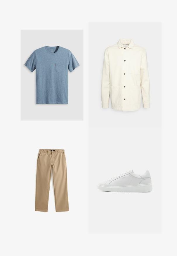 KnowledgeCotton Apparel Leichte Jacke - raw cotton; Blaues T-Shirt mit kurzen Ärmeln und Rundhalsausschnitt mit einer Brusttasche, die ein kleines rotes Etikett auf weißem Hintergrund trägt.; Beige gerade Hose mit Knopf- und Reißverschluss, Gürtelschlaufen und Seitentaschen, flach auf weißem Hintergrund liegend.; Weißer Ledersneaker mit glatter Textur, runder Zehenpartie, niedrigem Profil und dezentem Branding an der Seite. Gepolsterter Schaft und Schnürsenkel.