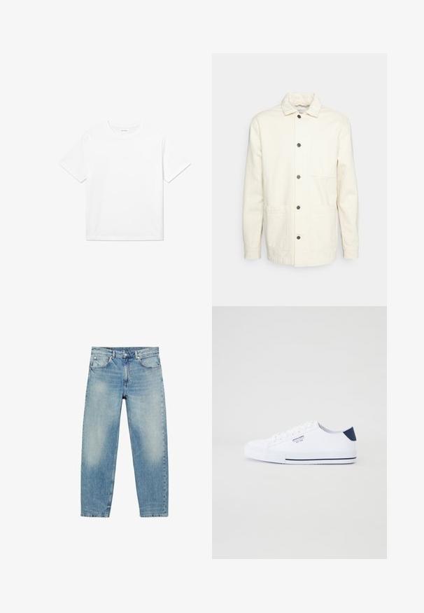 KnowledgeCotton Apparel Let jakke / Sommerjakker - raw cotton; Hvid bomulds T-shirt med korte ærmer, rund halsudskæring og lige kant. Glat tekstur uden synlige mønstre eller accenter.; Blå straight-leg denim jeans med forlommer og bæltestropper, der viser let falmede detaljer på lår og knæ.; Hvide kanvas sneakers med en marineblå hælaccents, flad gummisål, rund tå og hvide snørebånd. Har logo på siden.