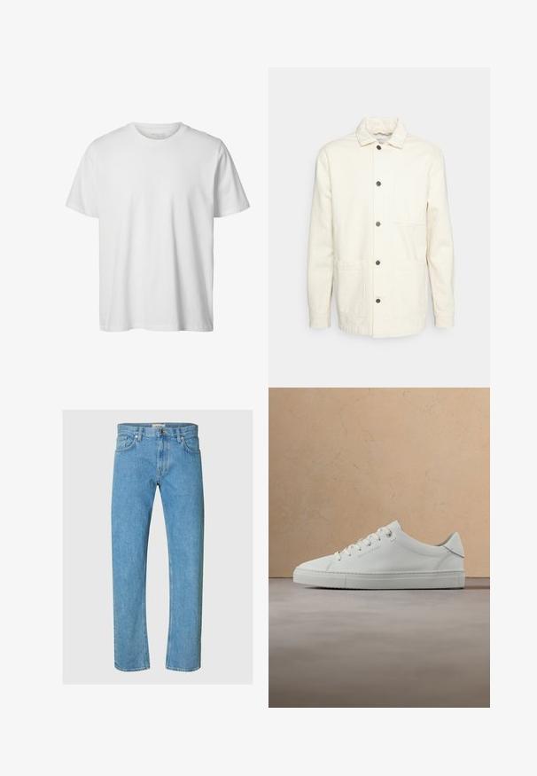 KnowledgeCotton Apparel Suvejakk - raw cotton; Lihtne valge lühikeste varrukatega ümara kaelusega t-särk, lõdva istuvusega, esiküljel pole nähtavaid logosid või mustreid.; Heledad sinine denim jämedus on sirge säärega, viie taskuga stiil ja tõmbluku sulgur metallnupuga.; Valge nahast madala lõikega tennisejalanõu paistab õhus, üle tekstureeritud beeži vaiba, puidust ümmarguse kohvilaudade ja raamatute lähedal.
