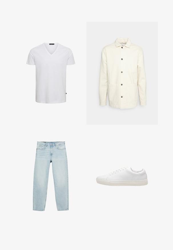 KnowledgeCotton Apparel Let jakke / Sommerjakker - raw cotton; Hvid kortærmet V-hals t-shirt lavet af bomuld, med regulær pasform og et lille logo mærke på den nederste venstre side.; Lyseblå jeans med lige ben, lukning foran med knap og lynlås samt design med fem lommer.; Hvide lædersneakers med en glat overflade, rund tå, snørebåndslukning og flad gummisål. Minimalistisk design uden synlige mønstre.