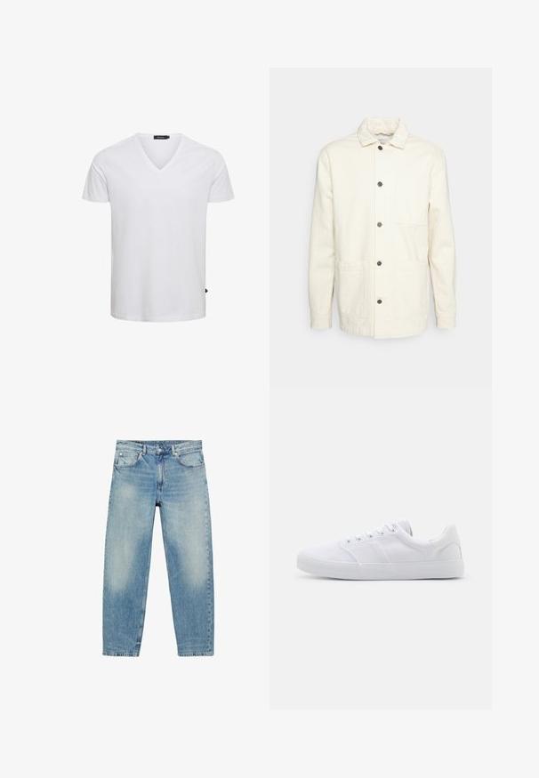 KnowledgeCotton Apparel Lichte jas - raw cotton; Witte korte mouwen V-hals T-shirt van katoen, met een regular fit en een klein logo label aan de onderkant links.; Jeans met rechte pijpen van blauwe denim, met voorzakken en riemlussen, met lichte vervaagde details op dijen en knieën.; Witte canvas sneakers met een rubberen zool, voorzien van zes oogjes, een gestructureerde neuskap en een minimalistisch ontwerp.