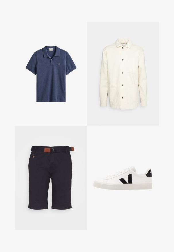 KnowledgeCotton Apparel Suvejakk - raw cotton; Tumesinine lühikeste varrukatega polosärk kraega, kahe nupuga nööbitavad kooslus ja väike tikandiga logo vasakul rinnal.; Tumesinised põlvepikkused lühikesed püksid punutud vööga, millel on pruuni nahast detailid ja väike nööbiga tasku paremal küljel.; Valge nahast tennis, millel on mustast sametist detailid; omab kummist tallato, ümmargust nina ja klassikalist nööpidega kinnihoidmist. Külgmine logo musta värviga.