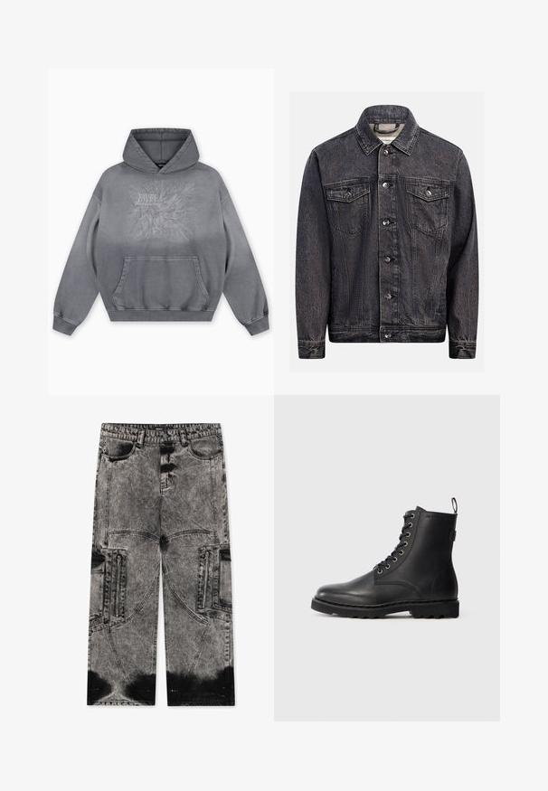 Dunkel gewaschene schwarze Jeansjacke mit Knopfleiste vorne, zwei Brustklappentaschen mit Knöpfen und klassischem Kragen.; Grauer Kapuzenpullover mit einer strukturierten Druckgrafik, die "FAVELA Worldwide" und ein Adlerdesign zeigt, Kängurutasche vorne und gerippte Bündchen.; FAVELA BIG POCKET - Loose Jeans - black acid washed; Schwarze Lederstiefelette mit runder Zehenform, Schnürdesign und Metallösen. Verfügt über eine strukturierte Sohle und einen Zuglasche an der Ferse für einfachen Einstieg.