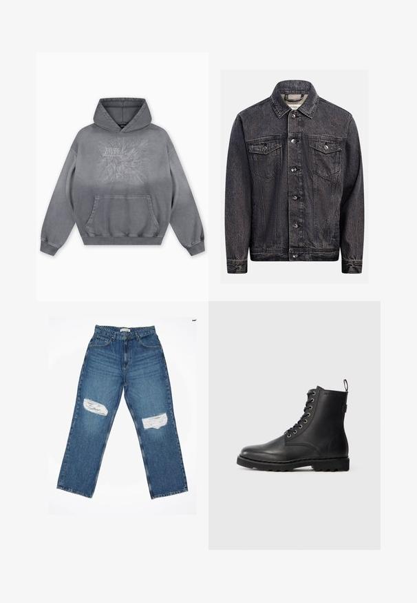 Dunkel gewaschene schwarze Jeansjacke mit Knopfleiste vorne, zwei Brustklappentaschen mit Knöpfen und klassischem Kragen.; Grauer Kapuzenpullover mit einer strukturierten Druckgrafik, die "FAVELA Worldwide" und ein Adlerdesign zeigt, Kängurutasche vorne und gerippte Bündchen.; Hellblaue Denim-Jeans mit geradem Bein, ausgestattet mit zwei aufgerauhten Knie-Patches und klassischem Fünf-Taschen-Design.; Schwarze Lederstiefelette mit runder Zehenform, Schnürdesign und Metallösen. Verfügt über eine strukturierte Sohle und einen Zuglasche an der Ferse für einfachen Einstieg.
