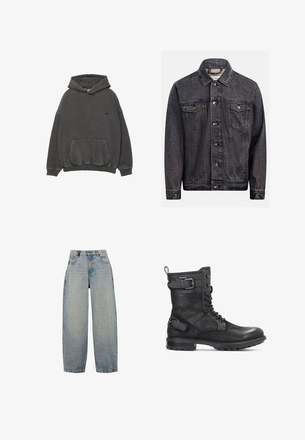Veste en denim noir foncé délavé avec boutonnage devant, deux poches poitrine à rabat avec boutons et col classique.; Sweatshirt à capuche gris foncé avec poche kangourou à l'avant, poignets et ourlet côtelés, et petit logo noir brodé sur la poitrine.; Jean en denim bleu clair avec une coupe décontractée, dotée d'une taille haute, de jambes larges, d'un design classique à cinq poches et d'accents matériels en métal.; Kazar HEARD - Bottines de cowboy / motard - black