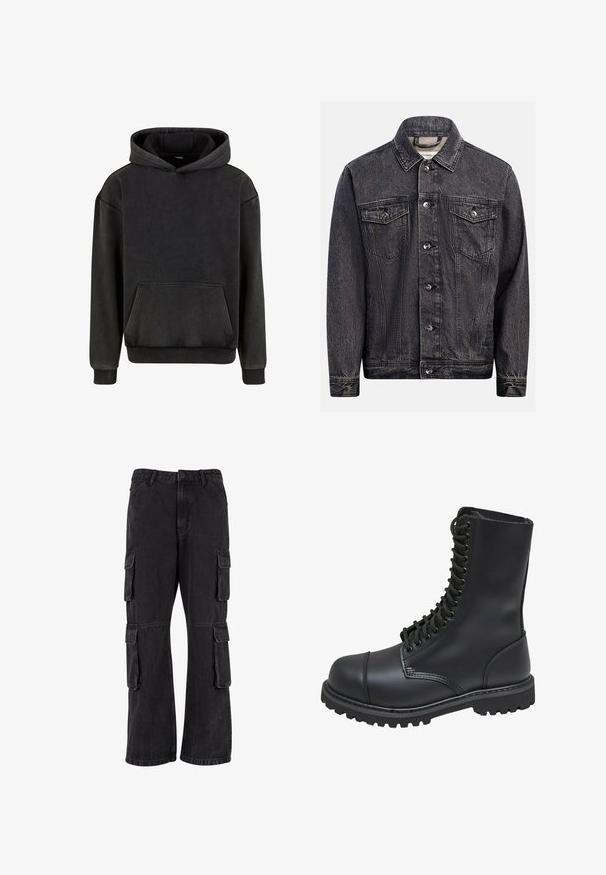 Mørkt, vasket sort denimjakke med knapper foran, to brystlommer med knapklapper og klassisk krave.; Urban Classics Hættetrøje - magnet; Sorte cargo-bukser lavet af denim, med en løs pasform, flere sidelommer og syet detaljer. Teksturen er let falmet.; Sort læder kampstøvle med høj skaft, snørebånd foran, polstret krave og en robust tekstureret sål for godt greb. Har forstærket tåhætte.