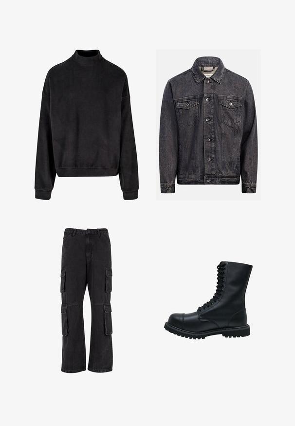 Mørkt, vasket sort denimjakke med knapper foran, to brystlommer med knapklapper og klassisk krave.; Sort sweatshirt med høj hals, lange ærmer og en afslappet pasform. Lavet af et blødt stof med en glat tekstur og ribbede manchetter.; Sorte cargo-bukser lavet af denim, med en løs pasform, flere sidelommer og syet detaljer. Teksturen er let falmet.; Sort læder snørebåndsstøvle med rund tå, høj skaft, tyk gummisål og struktureret overflade. Har forstærket syning langs sømmene.