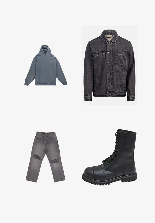 Veste en denim noir foncé délavé avec boutonnage devant, deux poches poitrine à rabat avec boutons et col classique.; Haut en coton gris avec une poche kangourou à l'avant, capuche à cordon et poignets côtelés. Présente un subtil texte "Dropsize" sur la poitrine.; Jean denim gris taille haute avec jambes larges et grandes zones abîmées sur les deux genoux, avec poches avant et passants pour ceinture.; Botte de combat en cuir noir avec un haut tige, fermeture lacée à l'avant, col rembourré et semelle texturée robuste pour une meilleure adhérence. Dotée d'un capuchon de protection renforcé.