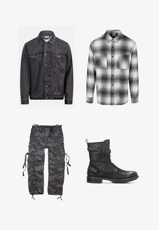 Dunkel gewaschene schwarze Jeansjacke mit Knopfleiste vorne, zwei Brustklappentaschen mit Knöpfen und klassischem Kragen.; Flanellhemd in schwarz, weiß und grau kariert. Mit zwei vorderen Taschen, Knopfverschluss und langen Ärmeln mit knöpfbaren Bündchen.; Camouflage Cargo-Hosen in Grautönen und Schwarz, aus einem Stoff mit leicht strukturierten Oberfläche. Verfügt über mehrere Taschen und Bindebänder am Saum.; Kazar HEARD - Cowboy-/Bikerstiefelette - black
