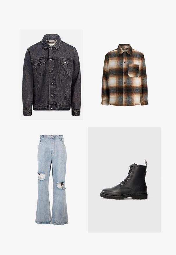 Mørkt, vasket sort denimjakke med knapper foran, to brystlommer med knapklapper og klassisk krave.; Brunternetternet flannel skjorte med nuancer af sort og creme, knaplukning, skjortekrave og en brystlomme med et firkantet design.; Lyseblå cowboybukser med høj talje, vide ben og markante slidte huller på begge knæ samt flossede kanter omkring hullerne.; Sort læder ankelstøvle med rund tå, snøredesign og metaløjer. Har en tekstureret sål og en pull-tab ved hælen for nem påtagning.